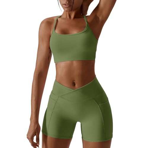 OBEEII Damen Sportanzüge Jogginganzug Sport Sets 2 Teilig Workout Outfit Set Sports BH und Leggings Fitness Kleidung Set Gym Laufen Tennis Yoga Set Grasgrün M von OBEEII