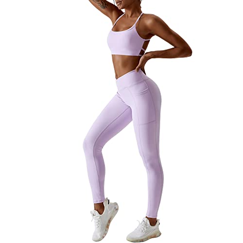 OBEEII Damen Sportanzüge Jogginganzug Sport Sets 2 Teilig Workout Outfit Set Sports BH und Leggings Fitness Kleidung Set Gym Laufen Tennis Yoga Set Lila 02 S von OBEEII