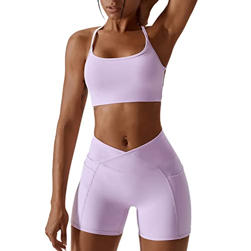 OBEEII Damen Sportanzüge Jogginganzug Sport Sets 2 Teilig Workout Outfit Set Sports BH und Leggings Fitness Kleidung Set Gym Laufen Tennis Yoga Set Lila S von OBEEII
