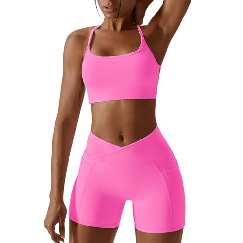 OBEEII Damen Sportanzüge Jogginganzug Sport Sets 2 Teilig Workout Outfit Set Sports BH und Leggings Fitness Kleidung Set Gym Laufen Tennis Yoga Set Rosa S von OBEEII