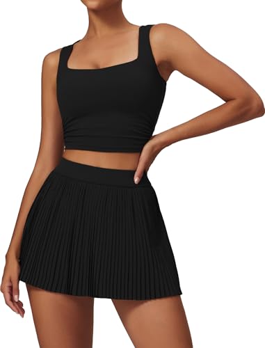 OBEEII Damen Sportanzüge Jogginganzug Sport Sets 2 Teilig Workout Outfit Set Sports BH und Röcke Fitness Kleidung Set Laufen Gym Yoga Tennis Golf Outfit Set Schwarz XL von OBEEII