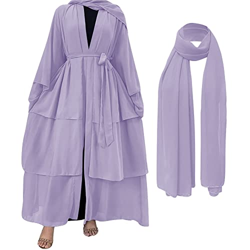 OBEEII Damen Strickjacke Muslimische Robe Kaftan-Kleid mit Hijab Einfarbig Gebetskleid Islamic Abaya Kaftan Kleidung den Ramadan für Ethnische, Abend, Party Langarm-Cardigan Muslim Robe Helles Lila S von OBEEII