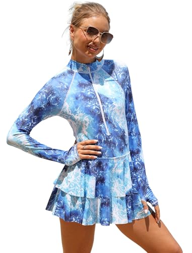 OBEEII Damen Surf-Badeanzug Einteiler Rashguard Langarm Schwimmkleid UV-Schutz Bademode für Surf Strand Pool, Blau, Large von OBEEII