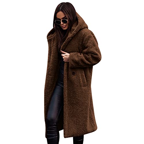 OBEEII Damen Teddy Mantel Winterjacke Lang Warm Hoodie Cardigan Fleecejacke Kapuzenjacke mit Taschen Dunkelbraun L von OBEEII