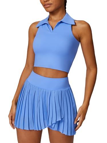 OBEEII Damen Tenniskleid Ärmelloses Sport Shirt und Faltenrock Trainingskleider Athletic Outfits Fitness Yoga Work Out Golf Tennis Kleidung Set Blau S von OBEEII