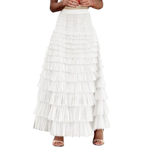 OBEEII Damen Tiered Tüll Rock Höhe Taille A Line Layered Mesh Lang Rock für Frezeit Urlaub Prom Party Weiß L von OBEEII