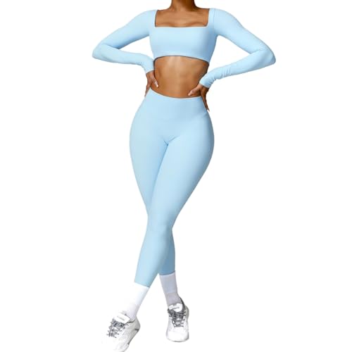 OBEEII Damen Traingsanzug Sport Sets Sportanzüge Jogginganzug Langarm Sport Top und Hohe Taille Leggings 2 Stücke Yoga Bekleidungssets Laufen Gym Workout Sportswear Blau 02 S von OBEEII