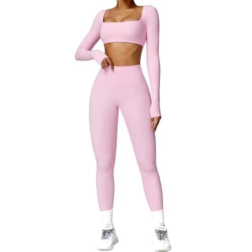 OBEEII Damen Traingsanzug Sport Sets Sportanzüge Jogginganzug Langarm Sport Top und Hohe Taille Leggings 2 Stücke Yoga Bekleidungssets Laufen Gym Workout Sportswear Rosa 02 L von OBEEII