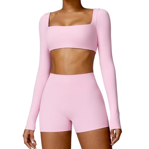 OBEEII Damen Traingsanzug Sport Sets Sportanzüge Jogginganzug Langarm Sport Top und Hohe Taille Leggings 2 Stücke Yoga Bekleidungssets Laufen Gym Workout Sportswear Rosa M von OBEEII