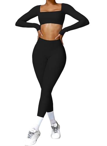 OBEEII Damen Traingsanzug Sport Sets Sportanzüge Jogginganzug Langarm Sport Top und Hohe Taille Leggings 2 Stücke Yoga Bekleidungssets Laufen Gym Workout Sportswear Schwarz 02 S von OBEEII