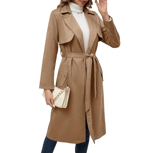 OBEEII Damen Trenchcoat Lange Mantel Mode Herbst Winter Faux Wildleder Jacke Cardigan Windbreaker Mantel Trenchcoat mit Taschen Khaki L von OBEEII