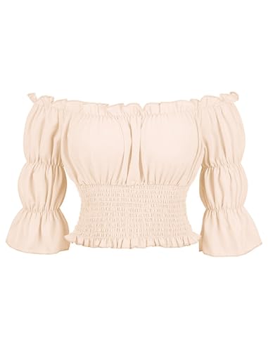 OBEEII Damen Viktorianische Bluse Rüschenbluse Renaissance Blusen Kurzarm Off-Shoulder Top Oberteile Smocked Taille Mittelalter Bluse Karneval Halloween Pirat Bauer Kostüm Apricot M von OBEEII