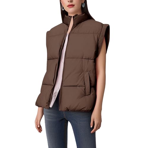 OBEEII Damen Weste Steppweste Winter Cap Sleeve Stehkragen Puffer Down Jacke Steppweste mit Tasche Braun L von OBEEII