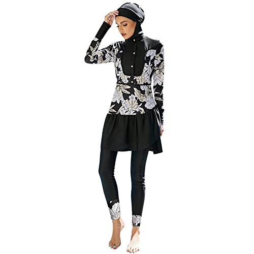 OBEEII Damenmode Muslimisches Badeanzug-Set Langarm-Badeanzug-Set Konservativer Strand-Surf-Badeanzug Hose Vollständig Umlaufender Badeanzug mit Hijab Dreiteiliger Blume01 M von OBEEII