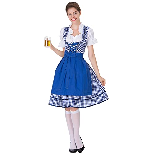 OBEEII Dirndl Damen midi Trachtenkleid Spitzen Kleid Bluse Schürze 3tlg. Trachtenkleid Set für Bierfest,Oktoberfest,Karneval,Cosplay Blau L von OBEEII