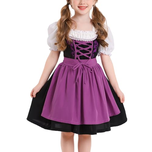OBEEII Dirndl M�dchen-2St�ck Set Dirndl Kleid mit Trachtenbluse und Sch�rze Bayerisches Tracht Deutsche Oktoberfest Trachtenkleid Violett 8-10 Jahre von OBEEII
