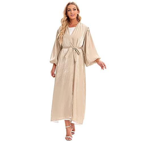 OBEEII Dubai Kleider Damen Strickjacke Lange Ärmel Volle Deckung Sonnenschutz Beten Kleidung für Frauen Muslim Betendes Maxikleid Islamische Abaya Dubai Kaftan Muslimisch Modern Glänzend Gold L von OBEEII