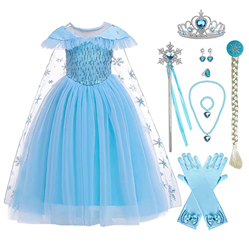 OBEEII ELSA Kleid Prinzessin Kostüm Mädchen Eiskönigi Verkleidung für Kinder Blau Kärmellos Kleidung Karneval Faschingskostüm Cosplay Party Halloween Festkleid Blau02+Accessoires 6-7 Jahre von OBEEII