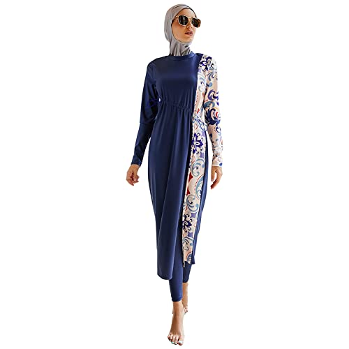 OBEEII Einteiliger Muslimischer Badeanzug Damenmode Sexy Bikini-Set Muslimischer Badeanzug Volle Abdeckung für Damen, Dreiteiliger Oberteil + Hose + Hijab Navy Blau L von OBEEII