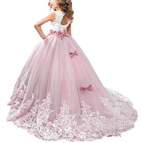 OBEEII Festlich Mädchen Kleid für Kinder Prinzessin Spitzen Kleider Hochzeit Blumenmädchenkleid Jugendweihe 4-5 Jahre Violett Rose von OBEEII