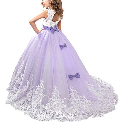 Festliches Mädchen Kleider Lange Brautjungfern Kinder Kleider Hochzeit Party Prinzessin Blumenmädchen Kleid 12-13 Jahre Violett von OBEEII