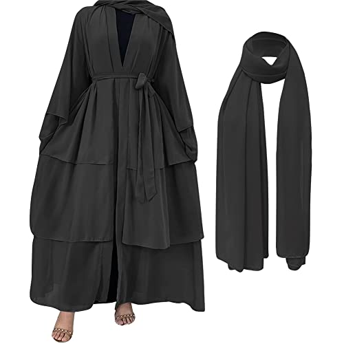 OBEEII Frauen Kleid Moslems Lose Lange Strickjacke mit Ausgestellten Ärmeln Kleidung Abaya Islamischer Araber Kaftan Dubai Lange Muslimisches Gebetskleid Robe mit Hijab Schwarz XL von OBEEII