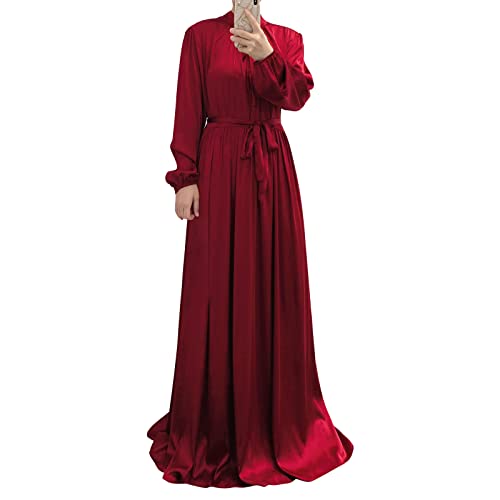 OBEEII Frauen Muslimische Arabischer Islamischer Kaftan Satin Retro Mittlerer Osten Maxi Kleid Robe Ärmel des Bischofs Gebetskleid Vollständige Abdeckung fur Ramadan Beten Party Weinrot L von OBEEII