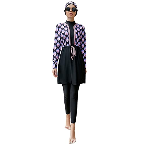 OBEEII Frauen Muslimische Bademode 3 Stück Set Top Kleid und Hose mit Hijab Modest Islamischer Badeanzug Beachwear Naher Osten Badeanzug Burkini Schwarz Lila L von OBEEII