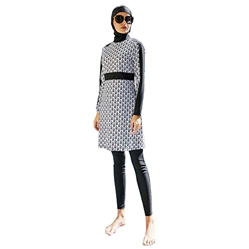 OBEEII Frauen Muslimische Bademode 3 Stück Set Top Kleid und Hose mit Hijab Modest Islamischer Badeanzug Beachwear Naher Osten Badeanzug Burkini Weiß+Schwarz M von OBEEII