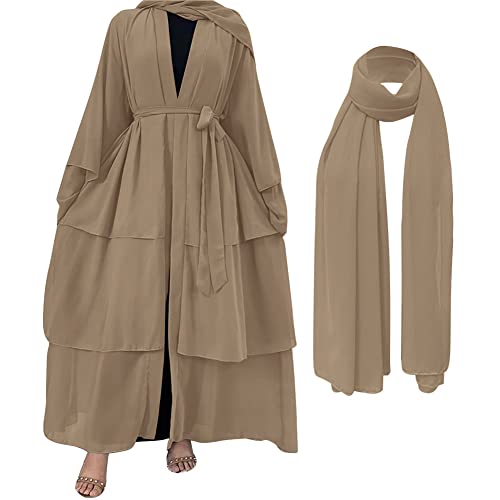 OBEEII Frauen Muslimische Strickjacke Arabischer Islamischer Kaftan Kleid in Voller Länge- Lange Muslimisches Gebetskleid Islamische Robe Tassel Mittlerer Osten Maxi Kleid Khaki L von OBEEII