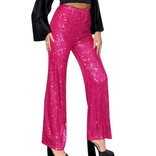 OBEEII Glitzer Hose Damen Pailettenhose Weites Bein Hose Elastische Taille Lose Fit Glitzerhosen Elegant Frauen Freizeithose Party Festival Club Mode Hosen Hot Pink L von OBEEII