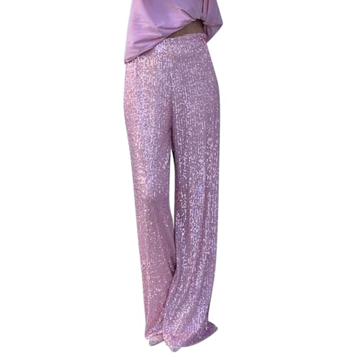 OBEEII Glitzer Hose Damen Pailettenhose Weites Bein Hose Elastische Taille Lose Fit Glitzerhosen Elegant Frauen Freizeithose Party Festival Club Mode Hosen Rosa S von OBEEII