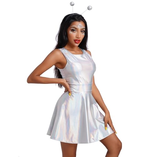 OBEEII Glitzer Kleid Damen Metallic Holographic Ärmellos A Linie Minikleid Faltenkleid Alien Kostüm Karneval Tanz Disco Club Partykleid Frauen Rave Outfit Silber L von OBEEII