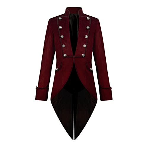 OBEEII Gothic Steampunk Frack Jacke, Herren Vintage Mittellanger Renaissance Viktorianischer Piraten Gehrock Smoking Halloween Karneval Kostüme Rot S von OBEEII