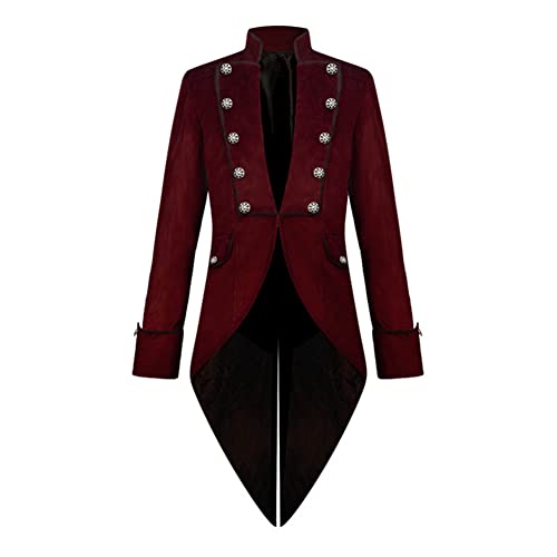OBEEII Gothic Steampunk Frack Jacke, Herren Vintage Mittellanger Renaissance Viktorianischer Piraten Gehrock Smoking Halloween Karneval Kostüme Rot S von OBEEII