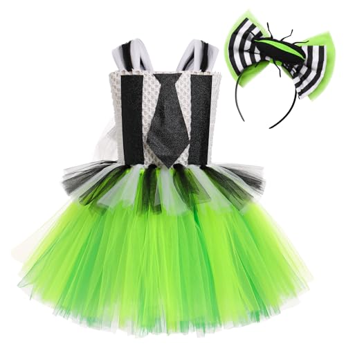 OBEEII Halloween Kostüm für Kinder Schwarz und Weiß gestreiftes Tüll Tutu Kleid Cosplay Kostüm mit Stirnband Karneval Role Play Geburtstag Party Dress Up Kostüm Schwarz Grün 8-9 Jahre von OBEEII
