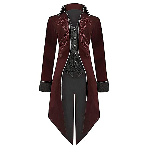 OBEEII Herren Gothic Steampunk Vintage Mantel Mittelalter Gehrock Jacke Viktorianischen Karneval Kostüm Halloween Weihnachten Smoking Uniform Gehrock Kostüm Rot03 L von OBEEII