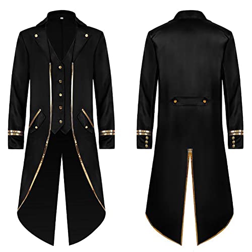 OBEEII Herren Steampunk Frack Mantel Gothic Gehrock Mittelalter Viktorianisch Renaissance Pirat Viking Kostüm Karneval Halloween Weihnachten Uniform Fashing Smoking Schwarz02 2XL von OBEEII