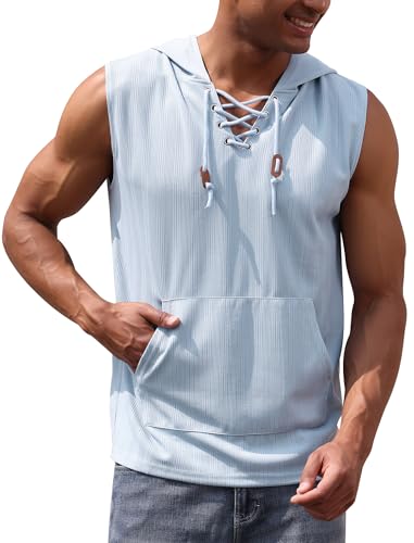 OBEEII Herren Tank Top Sommer �rmelloses Sweatshirt Zipped Hoodie Fitness Muskelshirt Athletisch Laufend Urlaub Strand L�ssig Leichtes Top Hellblau L von OBEEII