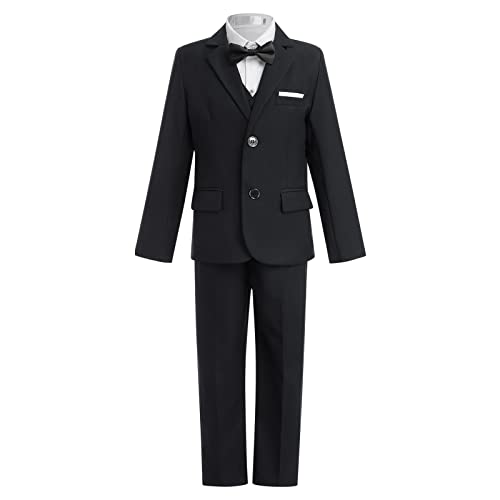 OBEEII Jungen Anzug Set Formelle Kleidung Set Sakko + Hemd + Weste + Hosen + Krawatte 5tlg Kleidung Outfits Hochzeit Festliche Anzüge Geburtstagsparty Taufkleidung Schwarz01 11-12 Jahre von OBEEII