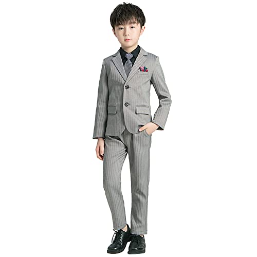 OBEEII Jungen Anzug Set Formelle Kleidung Set Smoking Sakko + Hemd + Weste + Hosen + Krawatte 5tlg Kleidung Outfits Hochzeit Festliche Anzüge Geburtstagsparty Taufkleidung Grau02 6-7 Jahre von OBEEII