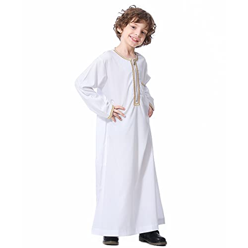 OBEEII Jungen Muslim Arabische Einfarbig Thobe Langarm Kaftan Bestickte Robe Islamische Arabische Abaya Thobe, weiß, 110 von OBEEII