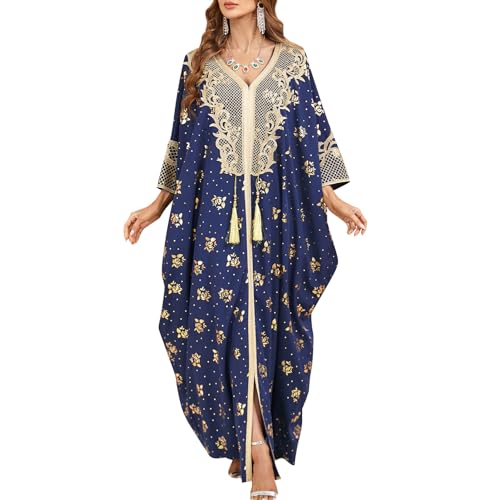 OBEEII Kaftan Damen Abaya Muslim Kleider Batwing Ärmel Blumendruck Dubai Türkisches Naher Osten Marokko Maxi Kaftan Kleid für Ramadan,Party,Lässig,Abend Blau Einheitsgröße von OBEEII