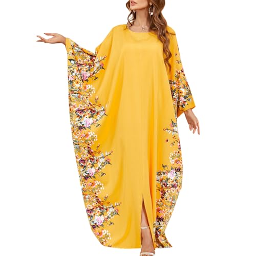 OBEEII Kaftan Damen Abaya Muslim Kleider Batwing Ärmel Blumendruck Dubai Türkisches Naher Osten Marokko Maxi Kaftan Kleid für Ramadan,Party,Lässig,Abend Gelb Einheitsgröße von OBEEII