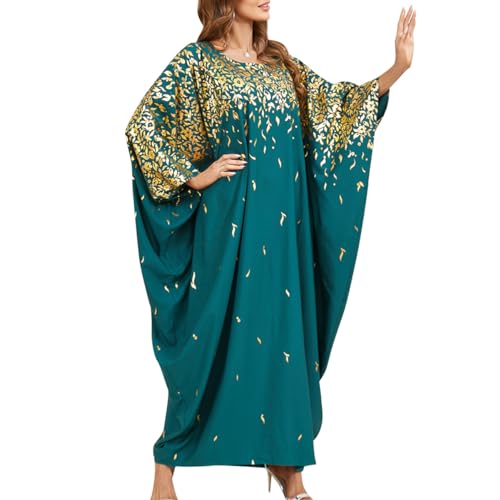 OBEEII Kaftan Damen Abaya Muslim Kleider Batwing Ärmel Blumendruck Dubai Türkisches Naher Osten Marokko Maxi Kaftan Kleid für Ramadan,Party,Lässig,Abend Grün02 Einheitsgröße von OBEEII