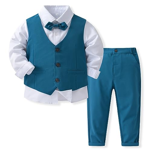 OBEEII Kinder Anzug Hochzeit Jungen 3-teiliges Jungen festlichen Anzug Set, Weste + Hemd mit Fliege + Hosen Festliche Anzüge Geburtstagsparty Taufkleidung Smoking Pfauenblau 2-3 Jahre von OBEEII