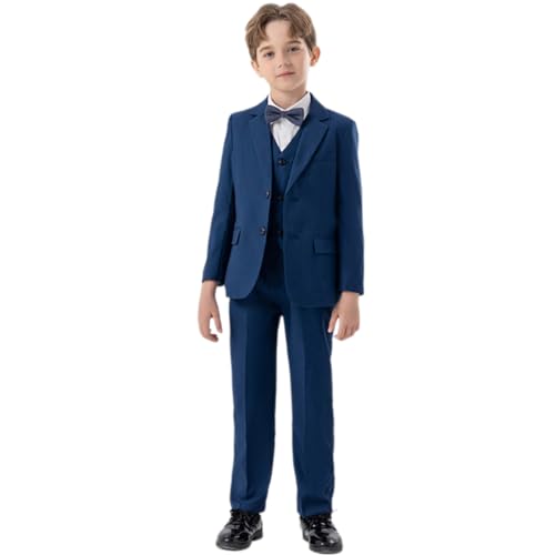 OBEEII Kinder Anzug Hochzeit Jungen 5-teiliges Jungen festlichen Anzug Set, Blazer + Weste + Hemd + Hose + Fliege Festliche Anzüge Geburtstagsparty Taufkleidung Smoking Königsblau 9-10 Jahre von OBEEII