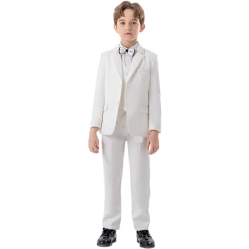 OBEEII Kinder Anzug Hochzeit Jungen 5-teiliges Jungen festlichen Anzug Set, Blazer + Weste + Hemd + Hose + Fliege Festliche Anzüge Geburtstagsparty Taufkleidung Smoking Weiß 9-10 Jahre von OBEEII