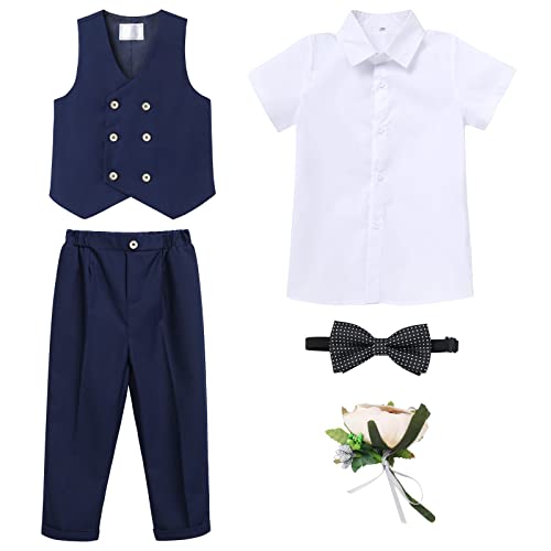 OBEEII Kinder Anzug Hochzeit Jungen 5-teiliges Jungen festlichen Anzug Set, Weste + Hemd + Shorts + Fliege + Blumenbrosche Festliche Anzüge Geburtstagsparty Taufkleidung Smoking Navy02 3-4 Jahre von OBEEII