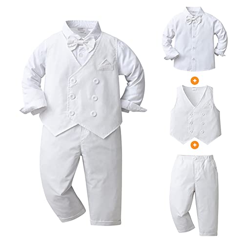 OBEEII Kinder Hochzeits Anzug Set Formelle Kleidung Set Smoking Hemd + Weste + Hosen 3tlg Kleidung Outfits Hochzeit Festliche Anzüge Geburtstagsparty Taufkleidung Weiß 4-5 Jahre von OBEEII